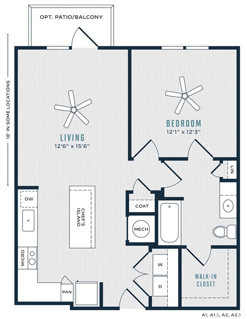 Floor plan for 1 bed, 1 bath, 796 sqft